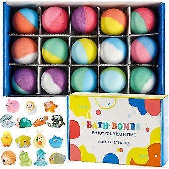 Bath Bombs for Kids 15 pcs Bath Bombs with Surprise Toys Inside, Natural and Organic Colorful Bubble Bath Fizz Bomb for Kids, Doll Bath Cute Gift Set