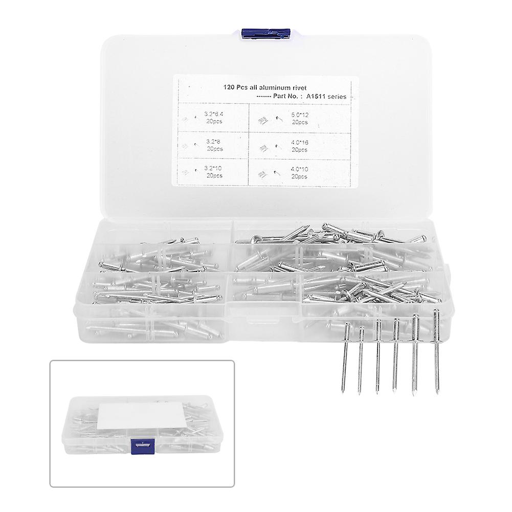 120pcs Aluminum Blind Rivets Assorted Sizes Anti-Rust Silver