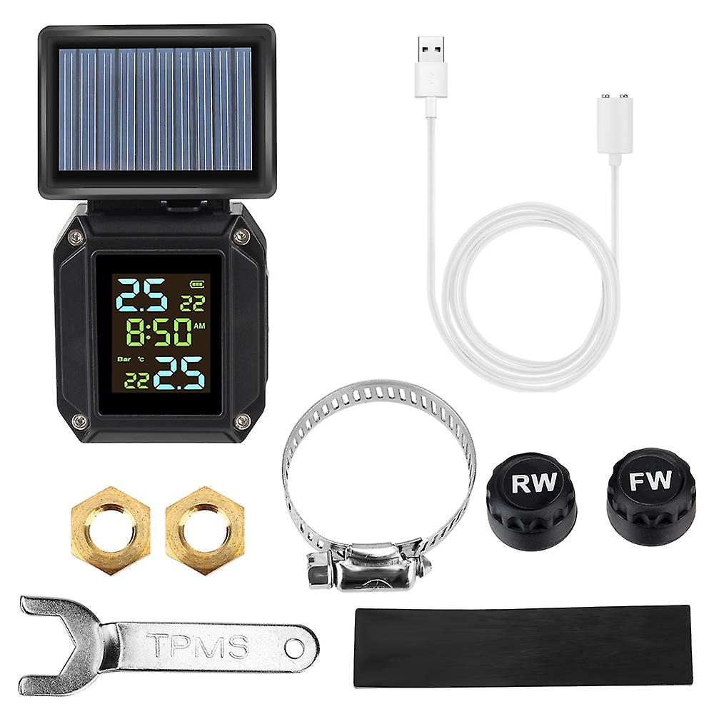 Motorcycle Tpms Solor Usb Charge 2 External Sensors Tire Pressure Monitoring System Lcd Display Tyre Temperature Alarm