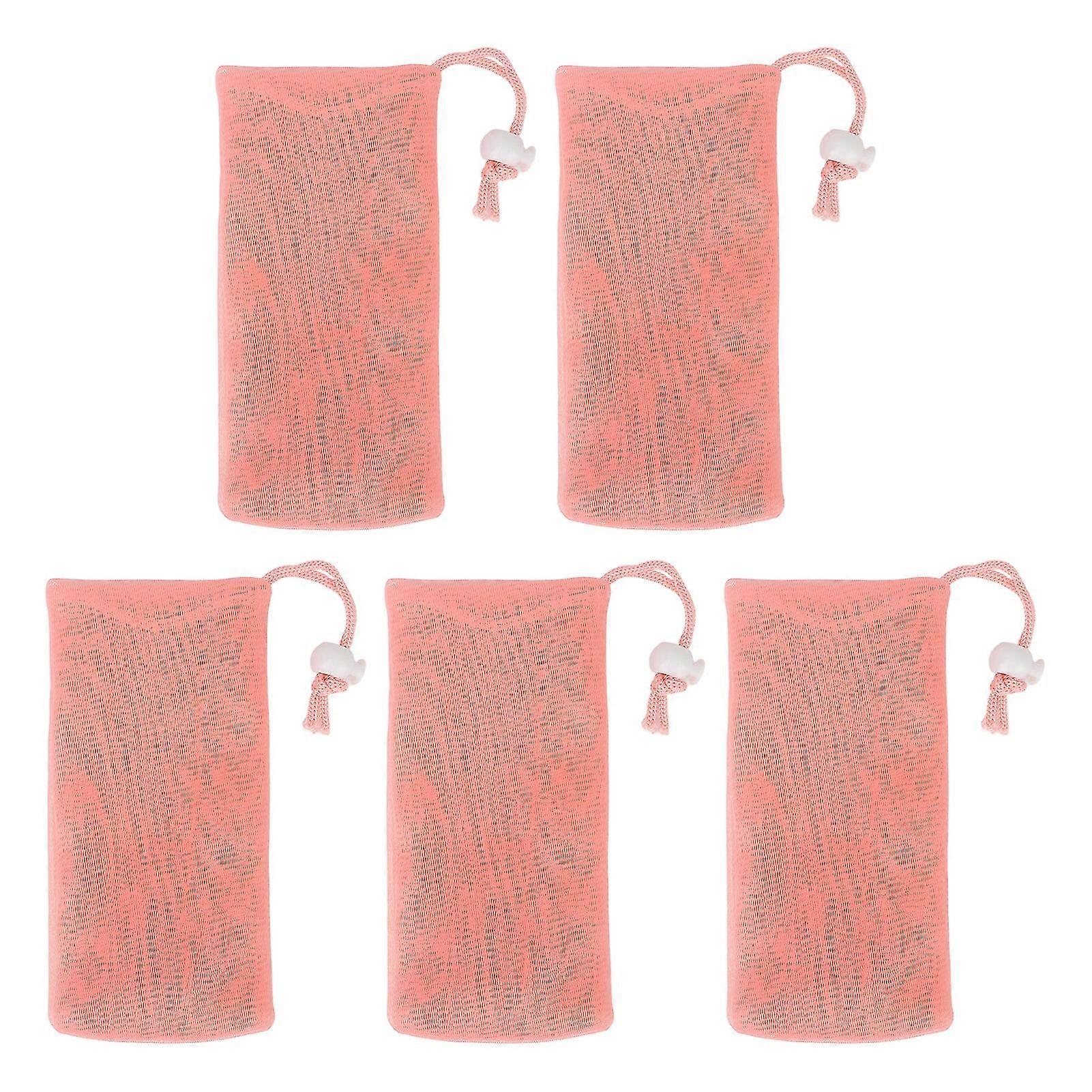 5pcs Pink Exfoliating Mesh Soap Pouch with Soft Drawstring Design - Ideal for Body and Facial Cleaning