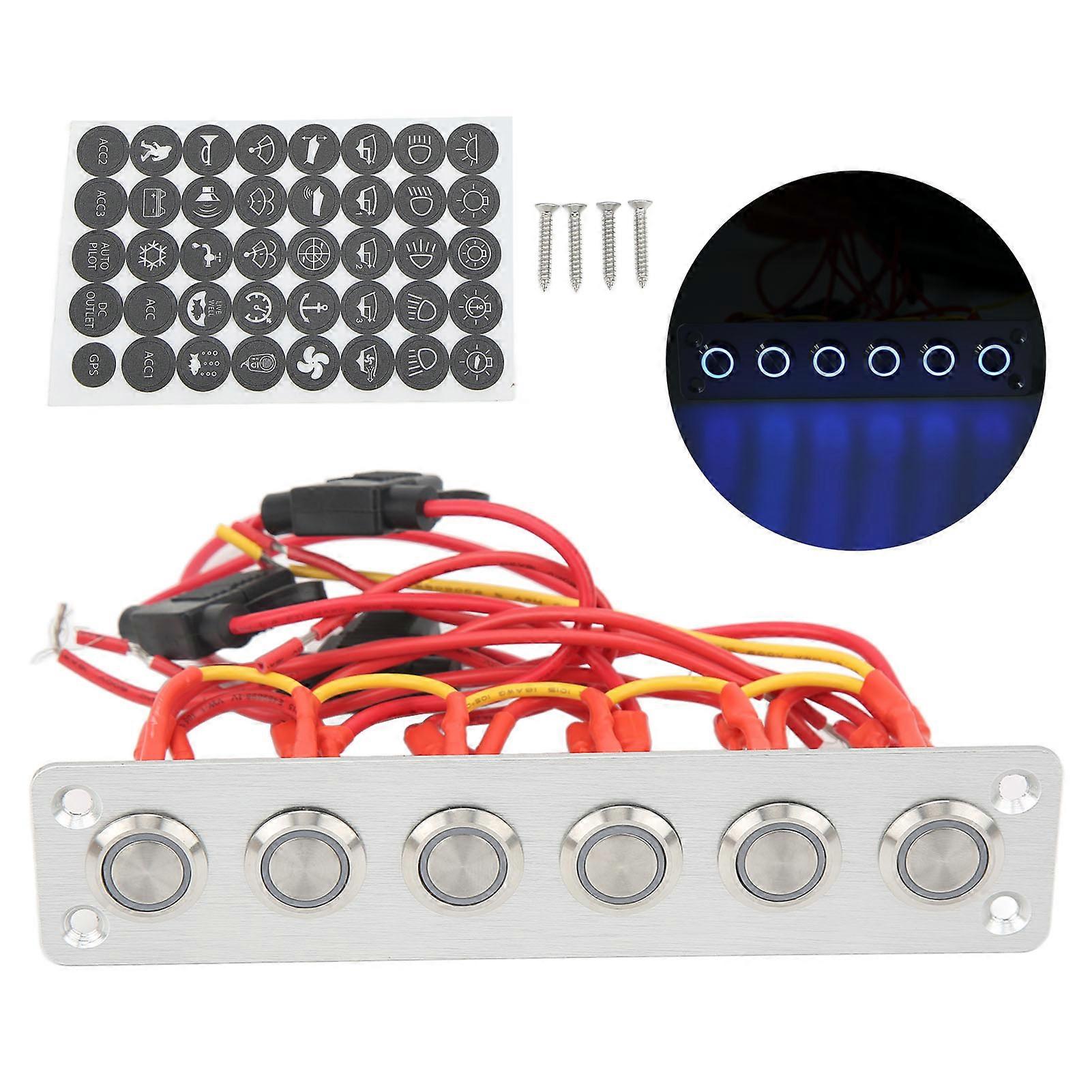 Pre Wired 6 Gang Push Button Switch Panel with Blue LED Lights for Car RV Yacht 12V DC System