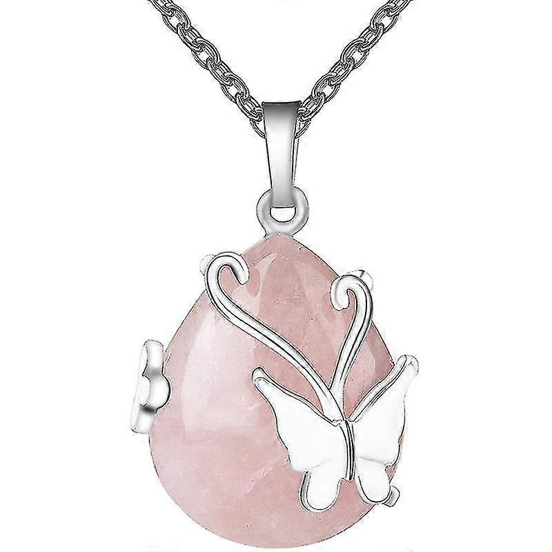 Vintage Wire Wrap Butterfly Rose Quartz Crystal Pendant Necklace-a