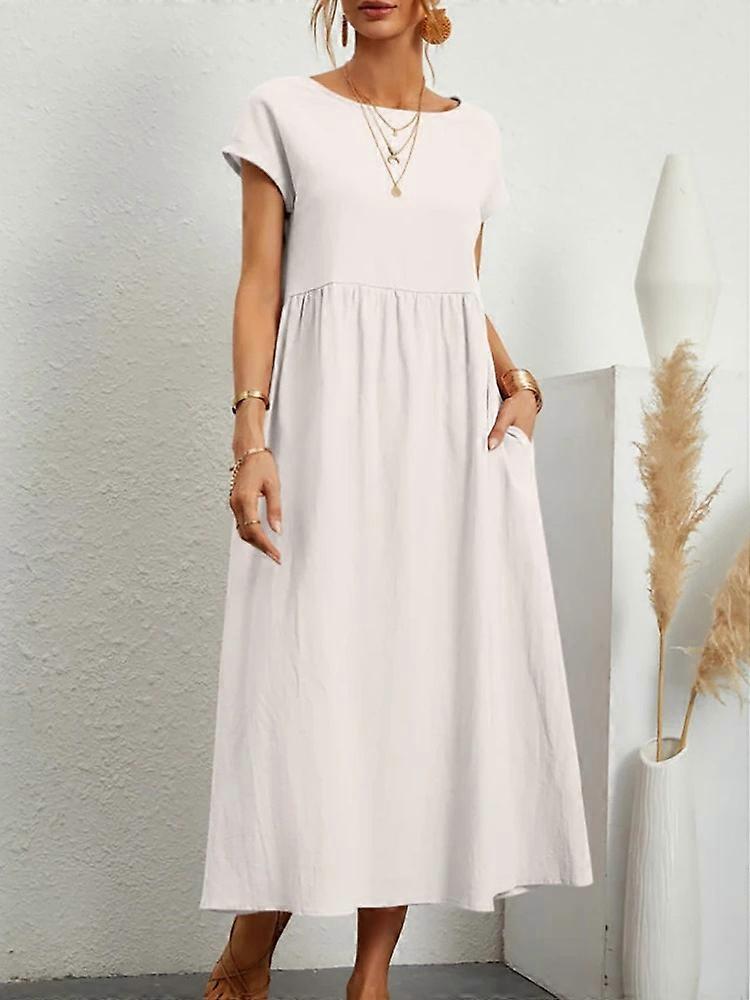 Women's Solid Cotton Linen Dress Summer Vintage Elegant Short Sleeve O-Neck  Pockets Maxi Sundress Harajuku Loose Y2K Long Dress | Fruugo UK