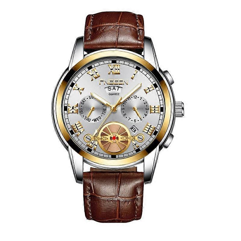 Man Watch, Colour: Brown leather Gold White Surface