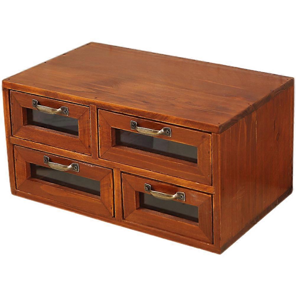 Home Office Desk Double Layer Organizer with 4 Storage Drawers Wooden Storage Box