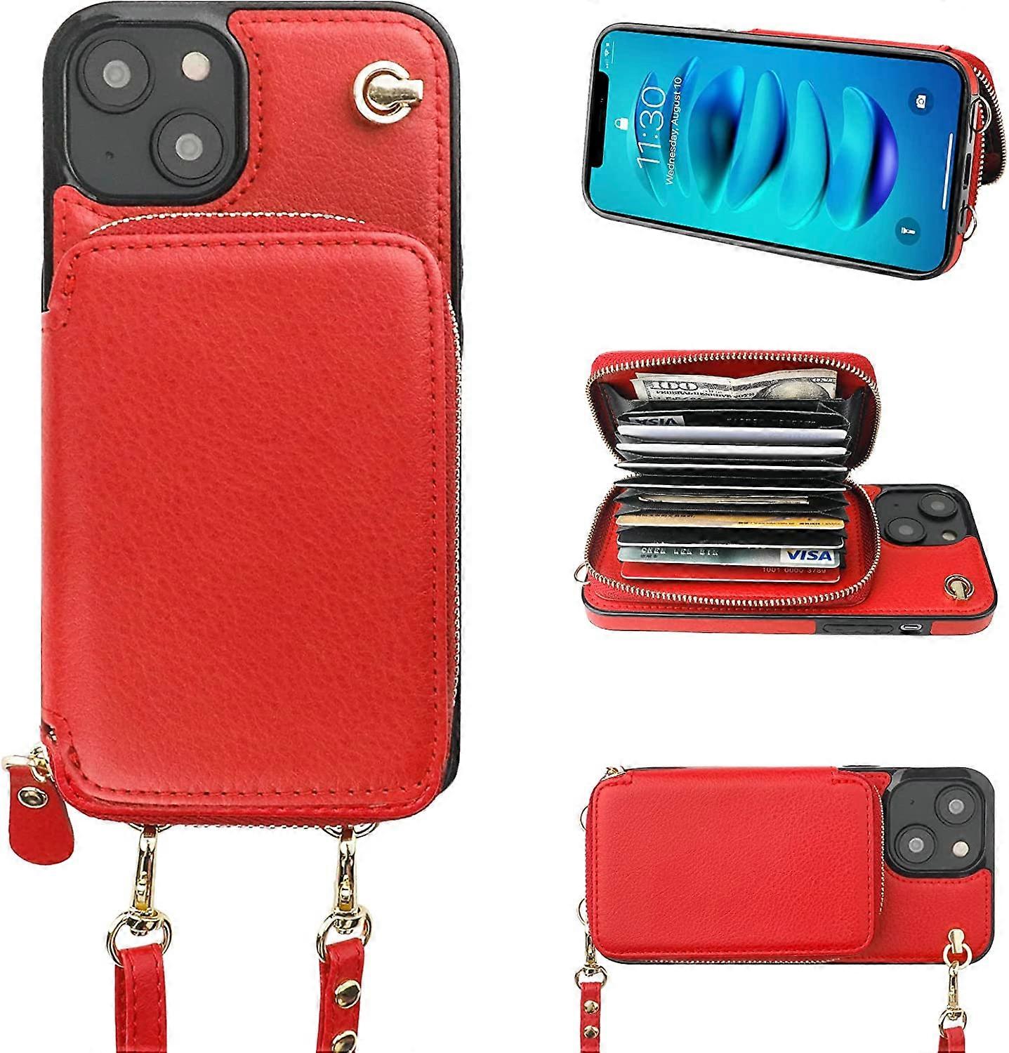 Crossbody Wallet Case for iPhone 14 Plus, RFID Blocking Leather Purse Case with Card Holder, Protective Handbag Flip Cover with Zipper Wrist Strap Lan