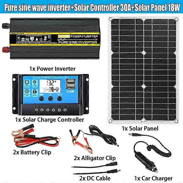 12V To 220v Panel System 18v 18w Solar Panel+30a Charge Controller +pure Sine Inverter Complete Power Generation Kit