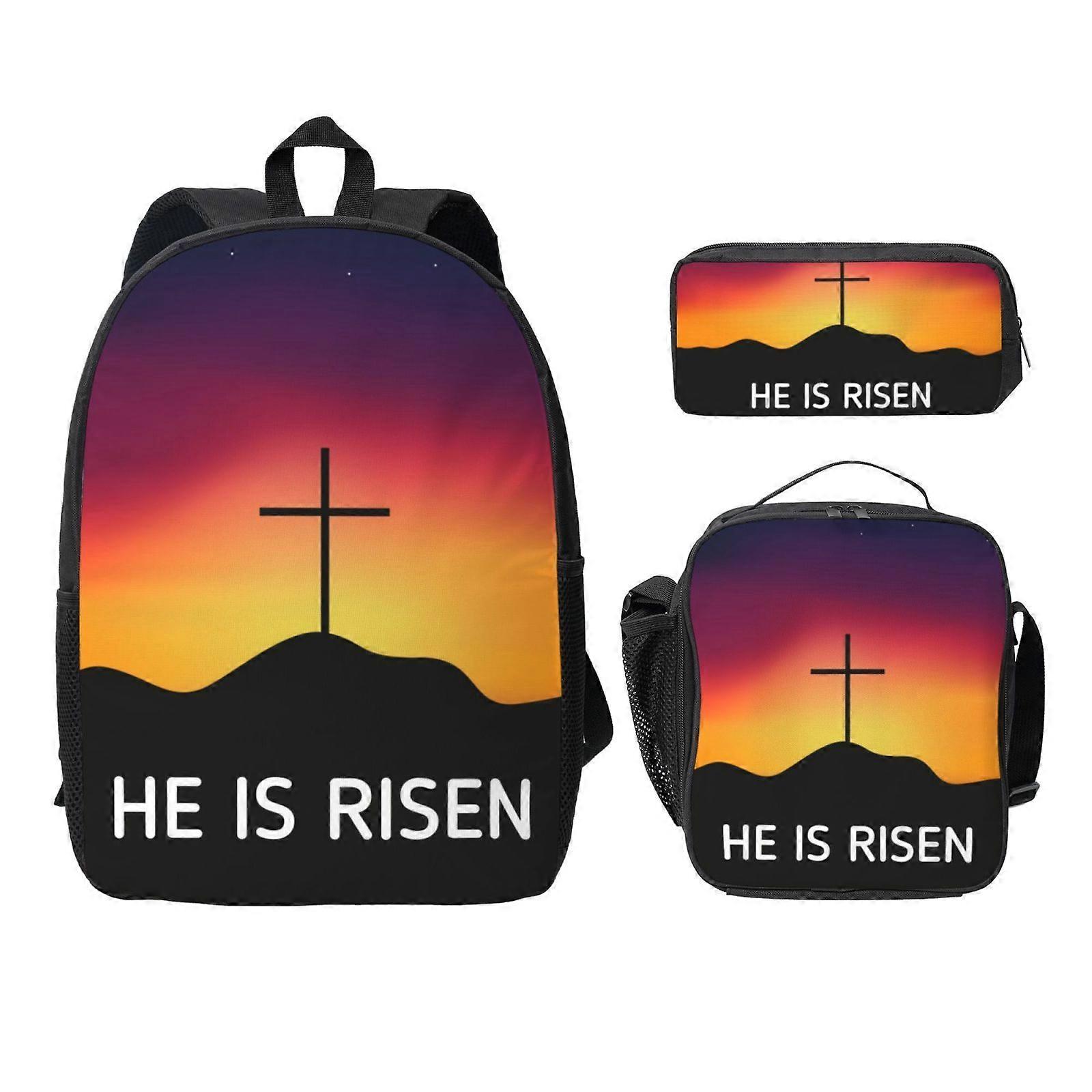 He is Risen Happy Easter Day Backpack Lunch Bag Pencil Case 3 Pcs Set with Mesh Pocket 04