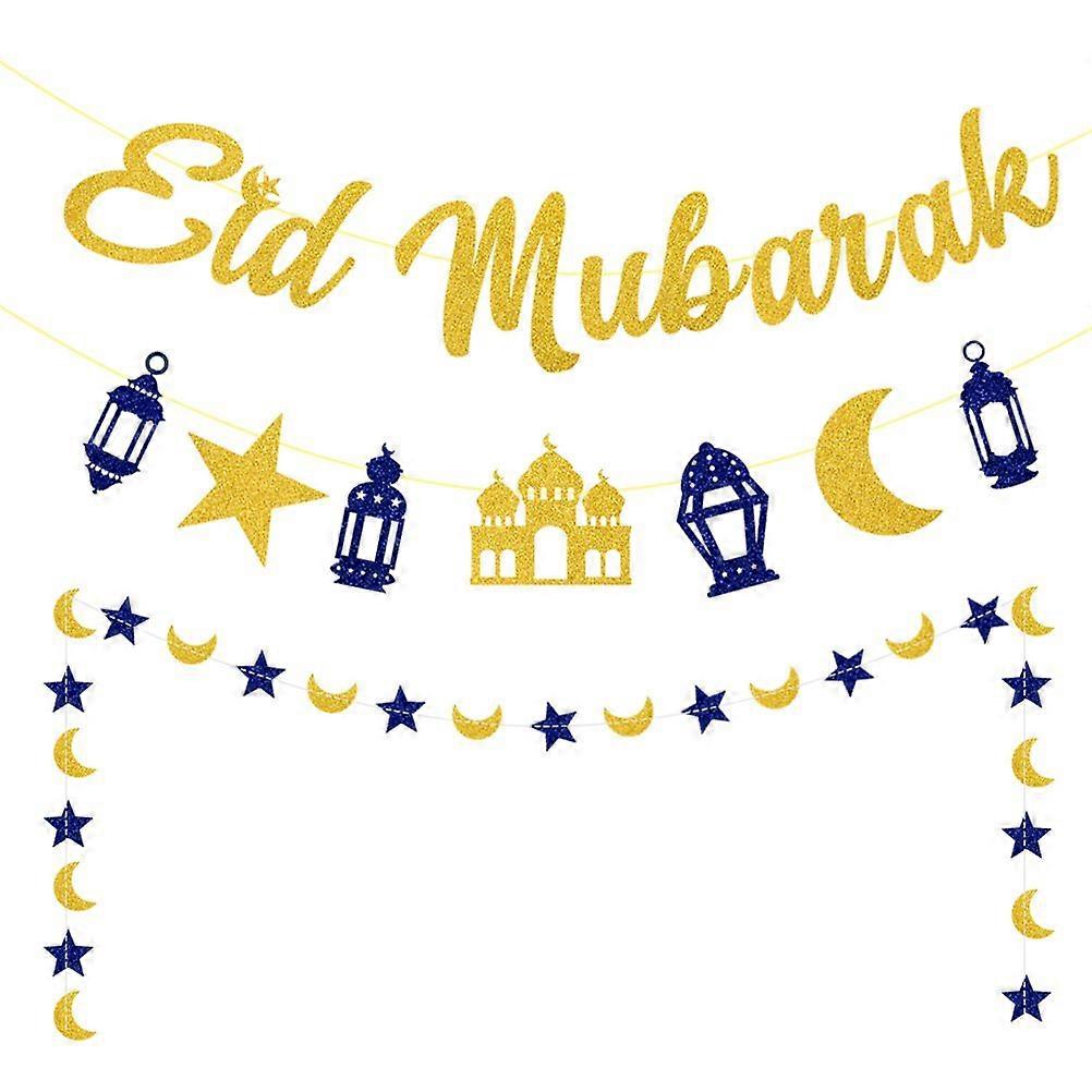 3pcs Eid Mubarak Hanging Glitter Banner Eid Mubarak Pull Flag Party Background