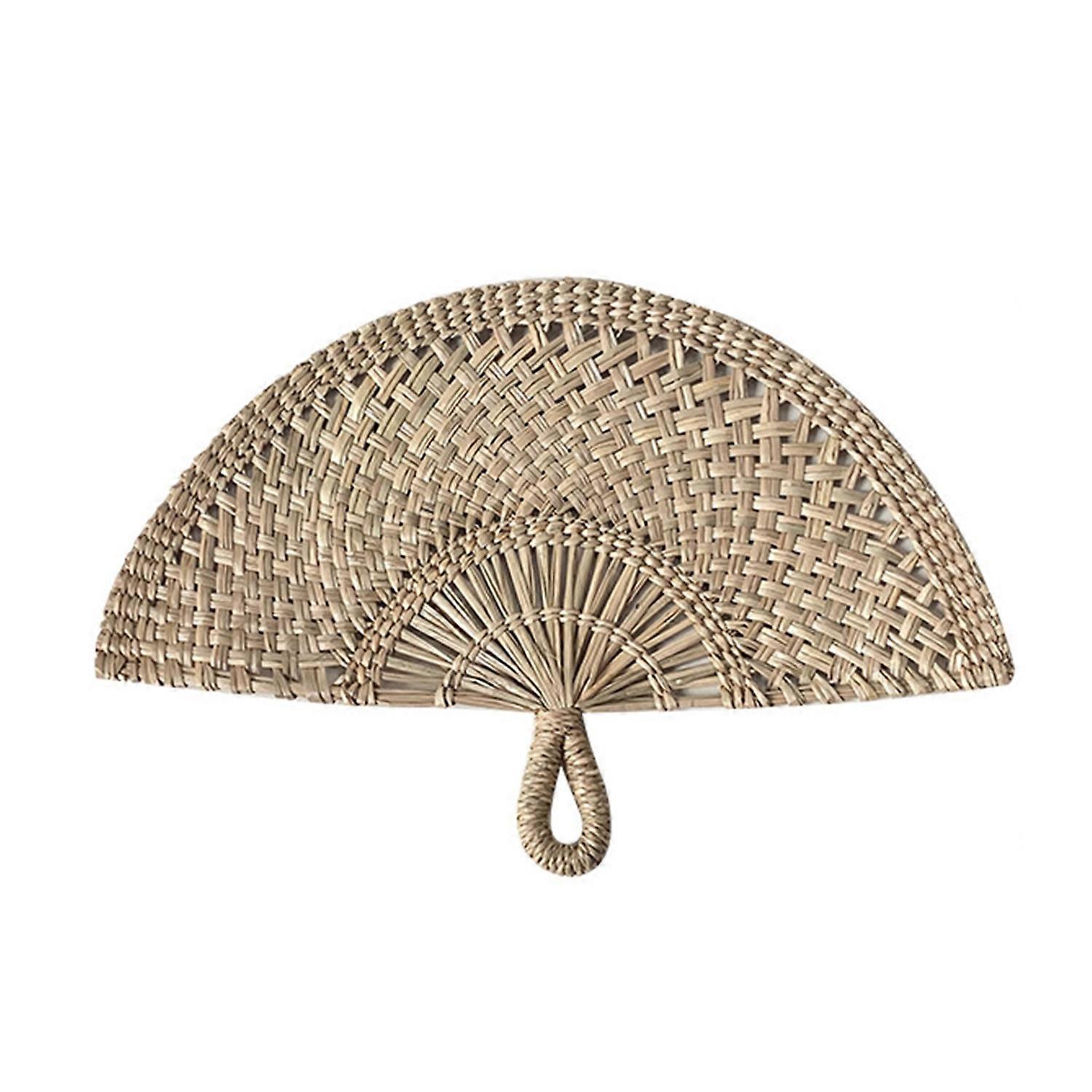 Handmade Straw Weaving Fan Natural Sea Grass Raffia Hand Fan Semicircular Woven Palm Leaf Handheld