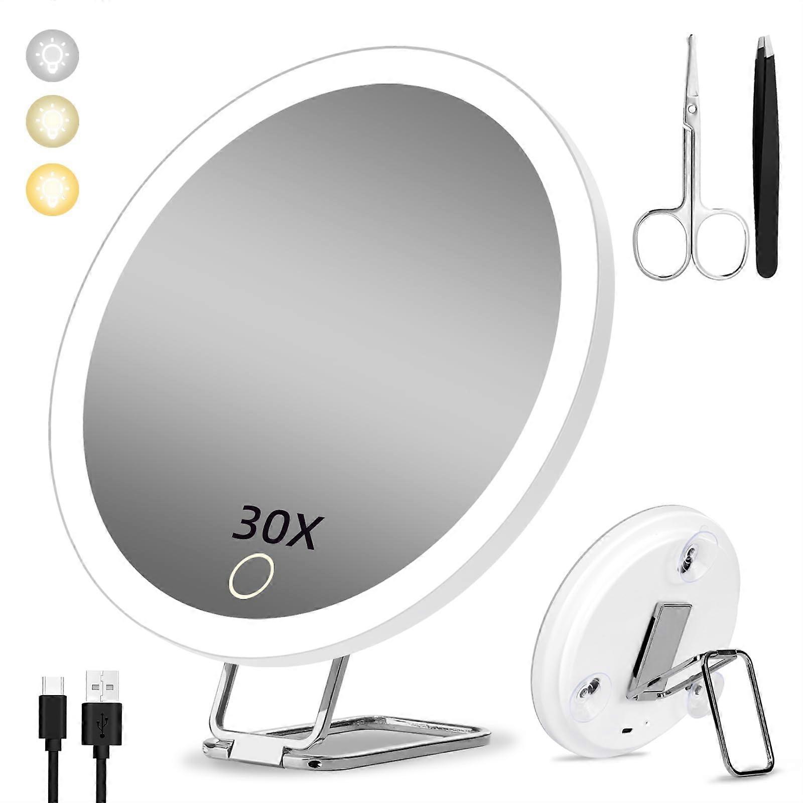 Large 6 Inch Rechargeable LED Makeup Mirror with 30X Magnification, Dimmable Light, Ideal for Travel and Home Use