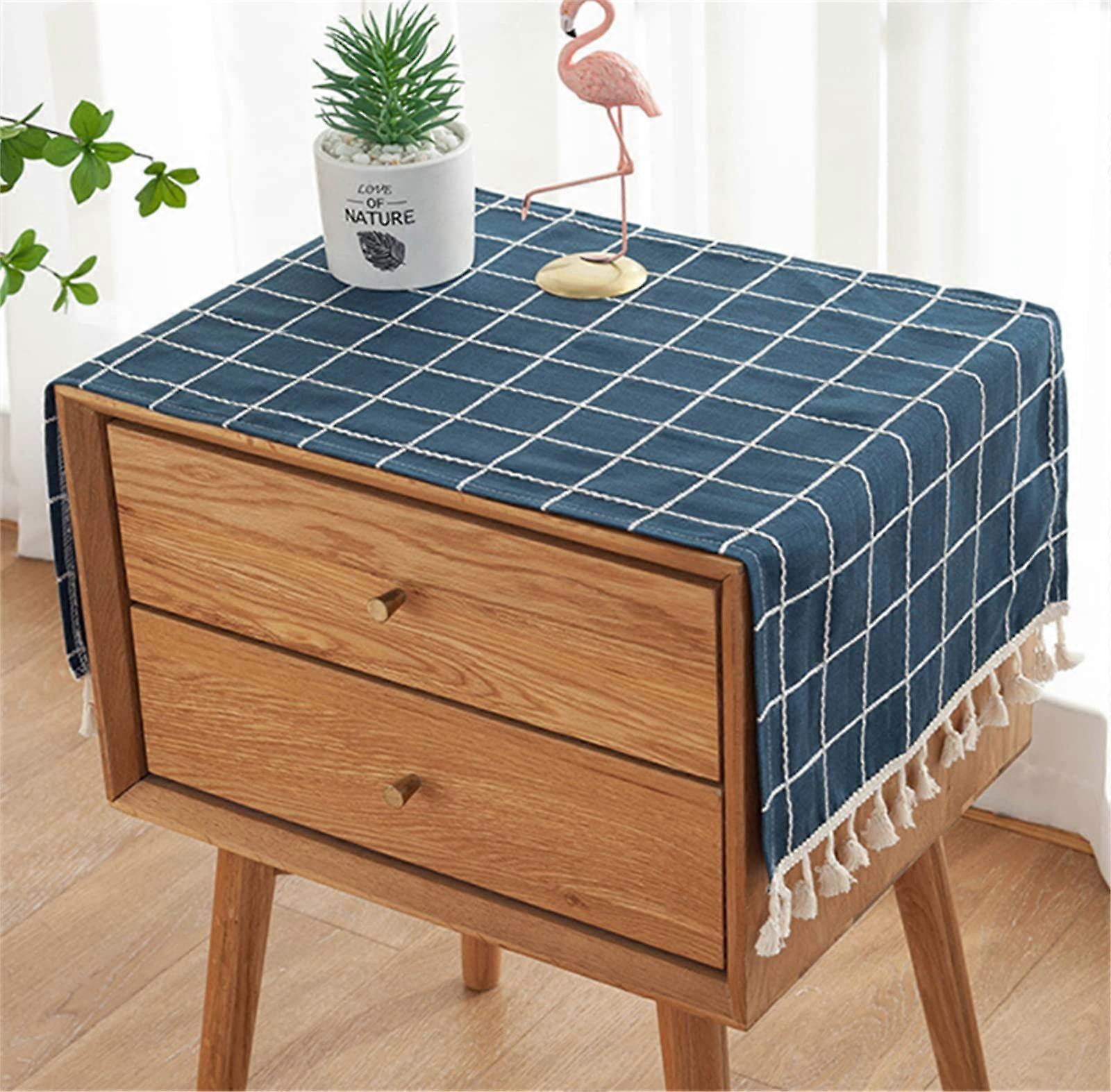 Simple Comodin Tassel Cuttle Table Covers Towel, Blue and White Lines Dust Cover for TV and Microwave, Durable Material