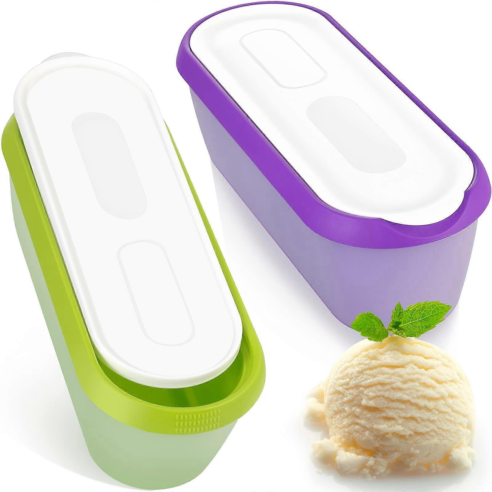 Ice Cream Storage Containers Set - 2 Pieces 2.5 Quart Reusable Freezer Tubs with Lids and Non-Slip Base in Green and Purple