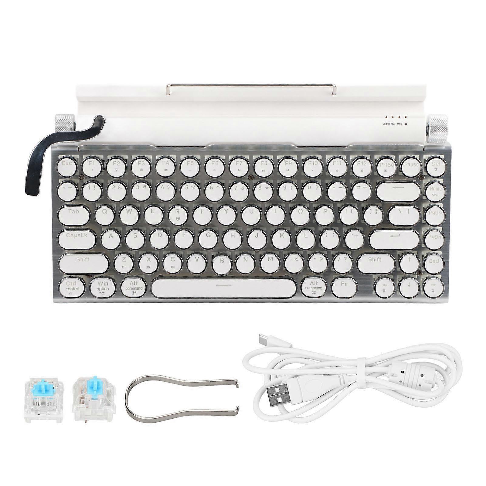 83 Keys Mechanical Typewriter Keyboard, Blue Switch, Bluetooth 5.0, Compatible with 3 Devices, FN Master, Retro Style, Round Keycaps, White