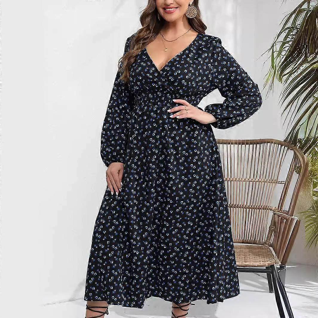 Blommig tryck Lång klänning för kvinnor V-ringad Långärmad Elastisk Hög Wasit Maxi Klänning Casual Mode Andningsfunktion Lätt Mjukt Arbete Plus Lång Klänning