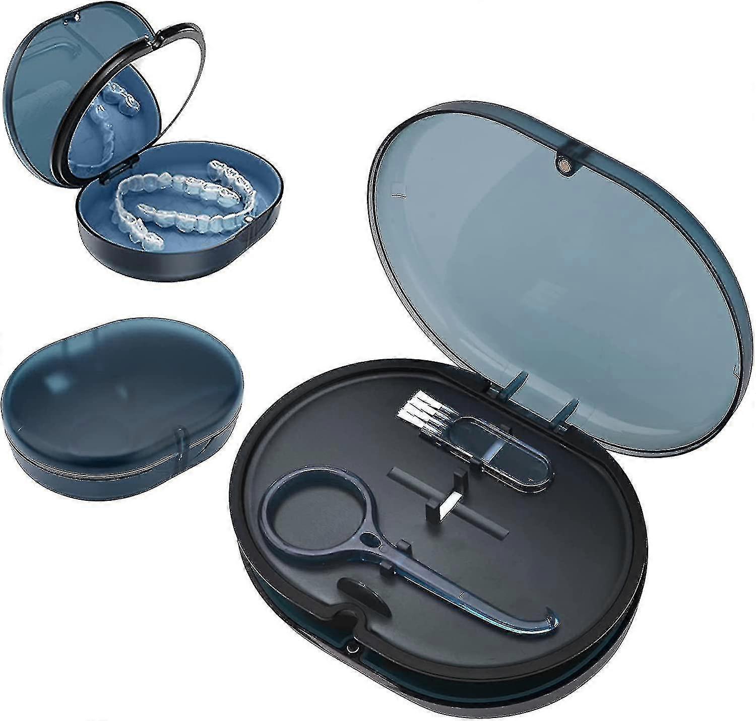 Denture Case, 2-Tier Storage Box with Mirror, Orthodontic Retainer Container - Blue