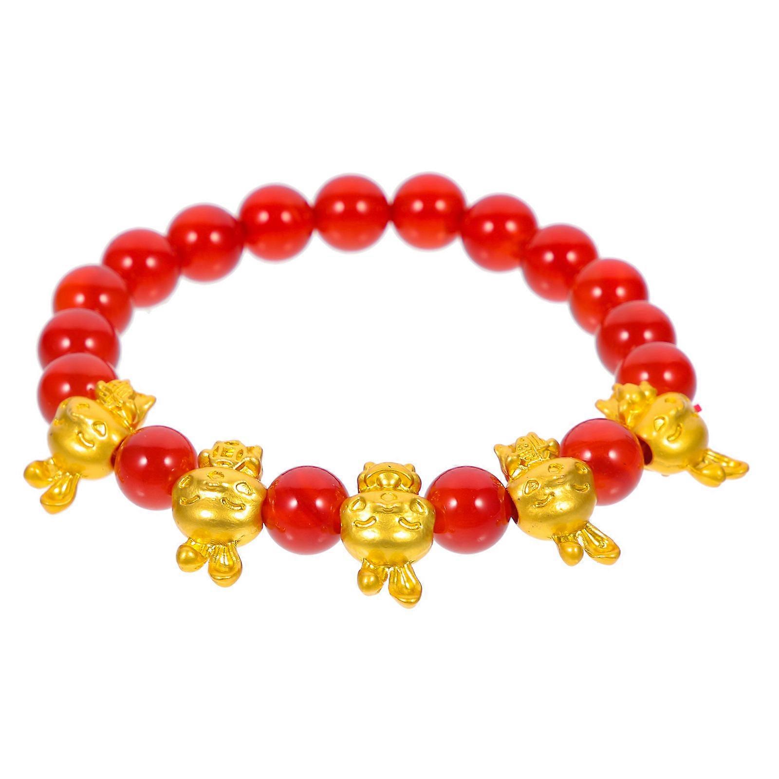 Rabbit Beaded Bracelet Wrist Jewelry Chinese New Year Special Occasions Red Alloy Glass Material 6.00X6.00X0.70cm Symbol of Protection 1Pack