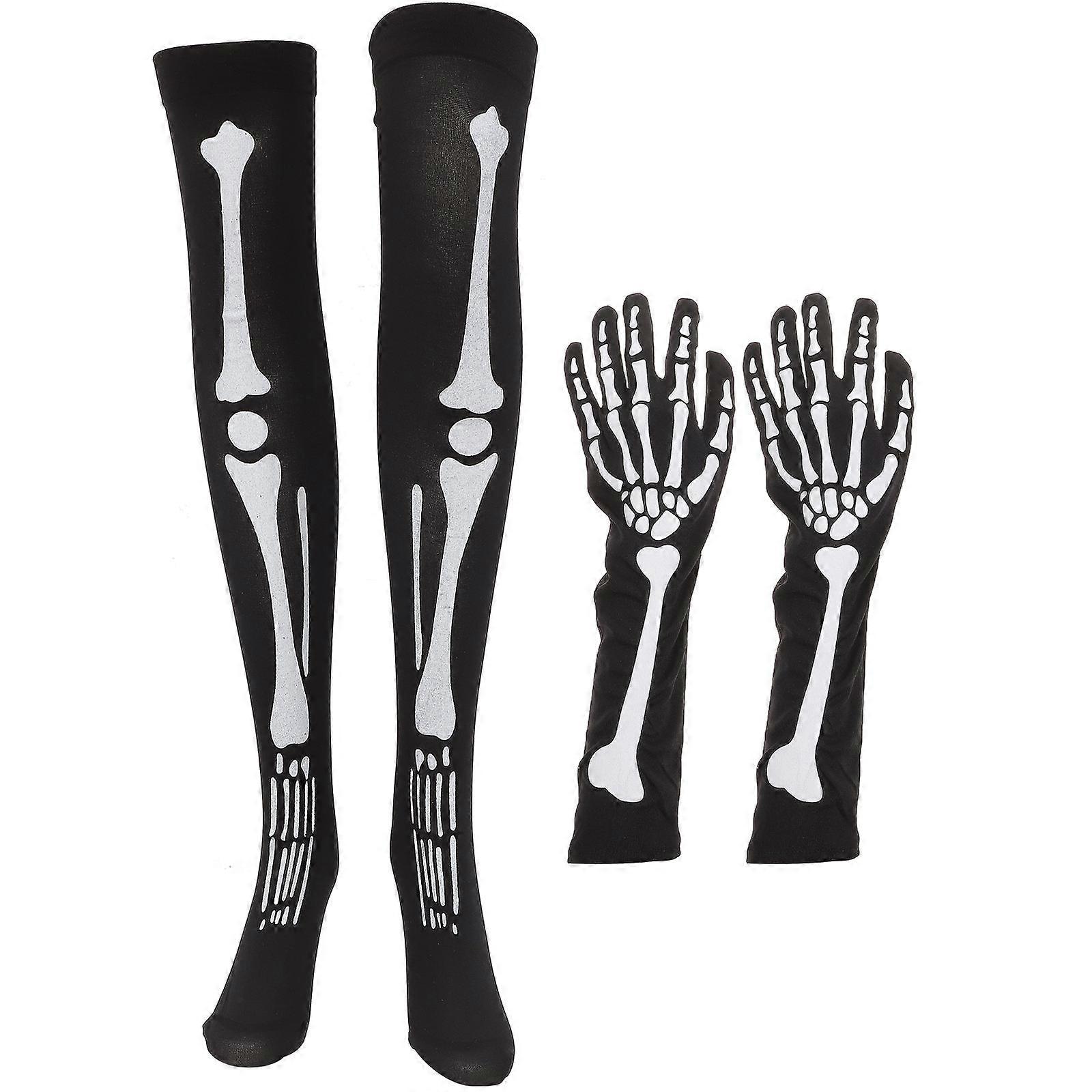 Halloween Costume Skeleton Gloves and Stockings for Custom Party M Size Polyester Elastic Texture 1 Set