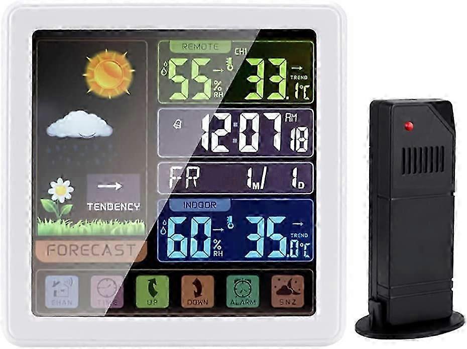 Wireless Weather Station With Outdoor Indoor Sensor Digital Temperature Humidity Monitor Alarm Clock With Thermometer Hygrometer For Home Garden(White
