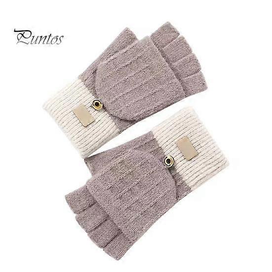 1 Pair Women Winter Gloves with Flipping Cover Thicken Knitted Elastic Anti-slip Gloves Contrast Color Thermal Insulation Fingerless Gloves for