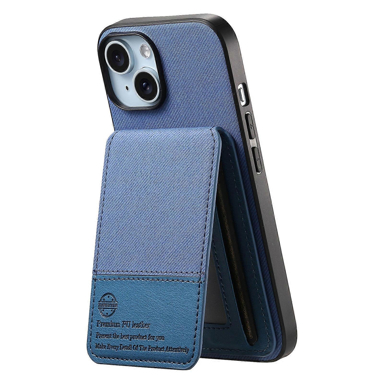 Veske Til Iphone 14 Pro Blå Vanlig Lær Klut Korn Anti-magnetisk Stativ Kortlagring