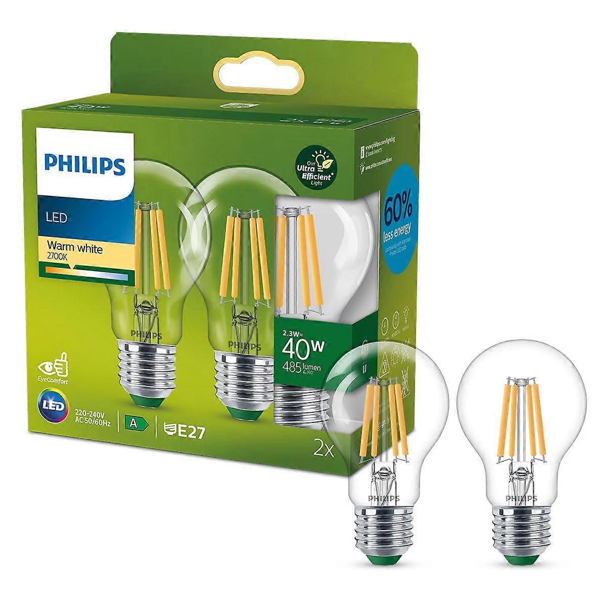 Philips Classic Ultra Efficient E27 LED Bulb, 40 W, Clear, Warm White, Twin Pack