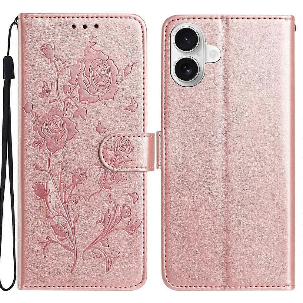 Compatible For iPhone 17 Wallet Case Rose Pattern Imprinted Leather Flip Stand Phone Cover with Strap