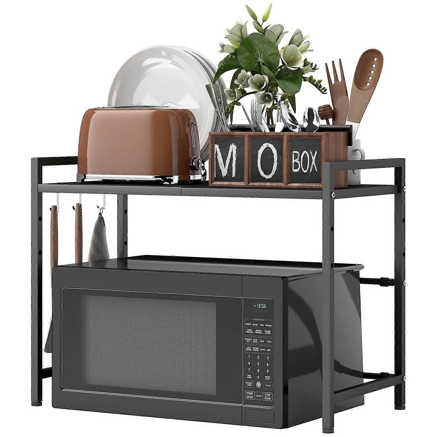 Microwave shelf, 3 hooks, pull-out, metal, 40 cm high, black