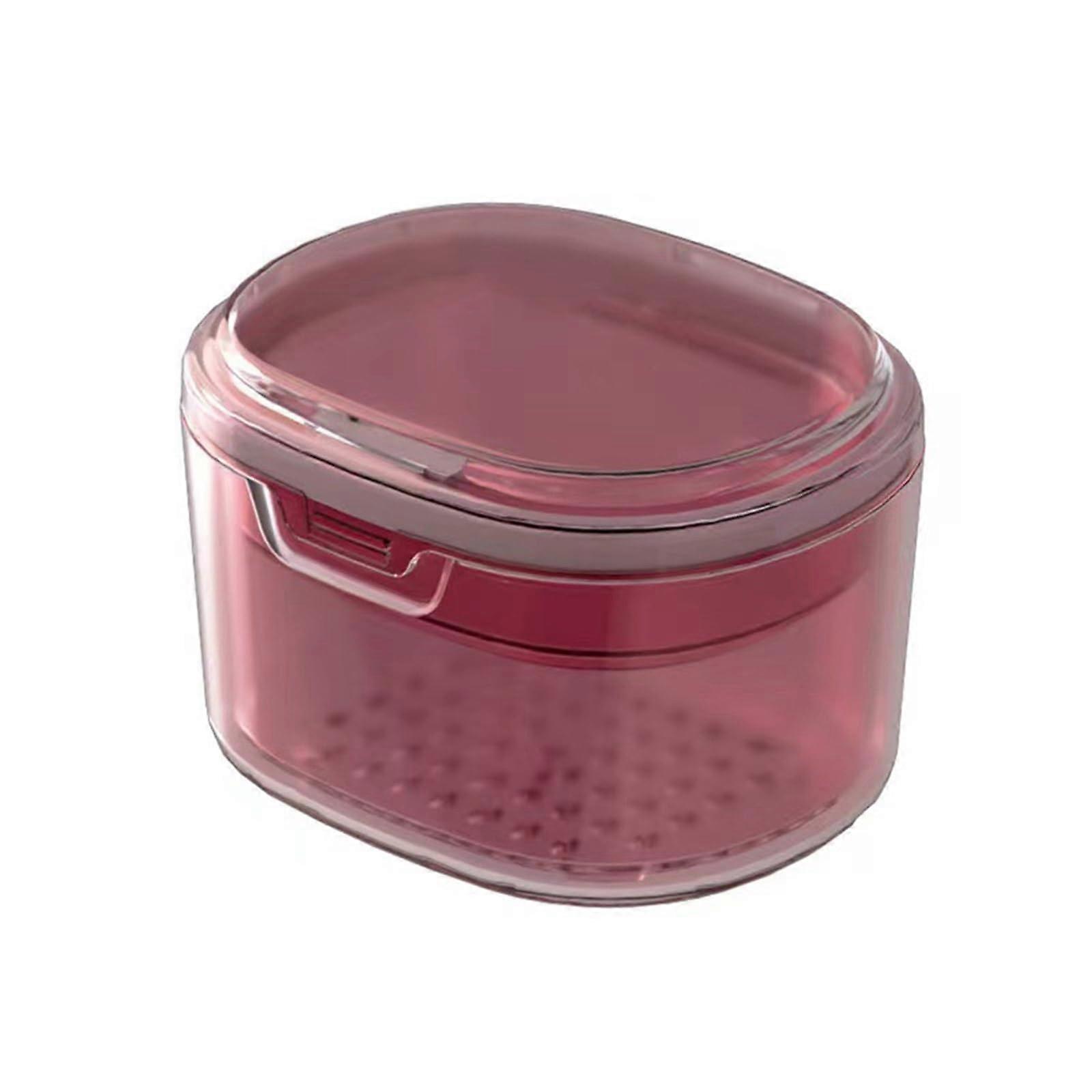 Portable Denture Cleaning Case with Draining Basket, Double-Layer Design for Full Dentures, Pink Dental Prosthesis Box