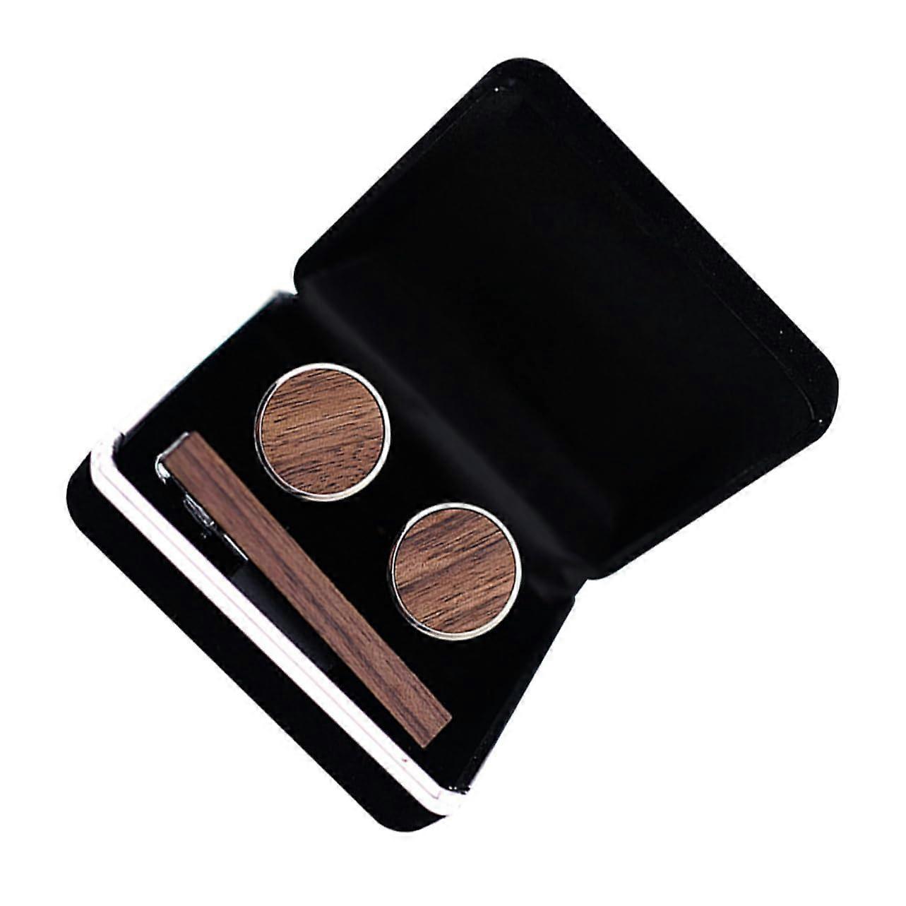 1 Set of Walnut Wood Cufflinks with Stable Tie Clip for Men, Elegant Set for Suit and Shirt