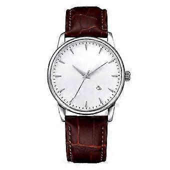 Double Movement Imported Movement Watch Quartz Watch (White Faced Silver Shell Brown Belt)