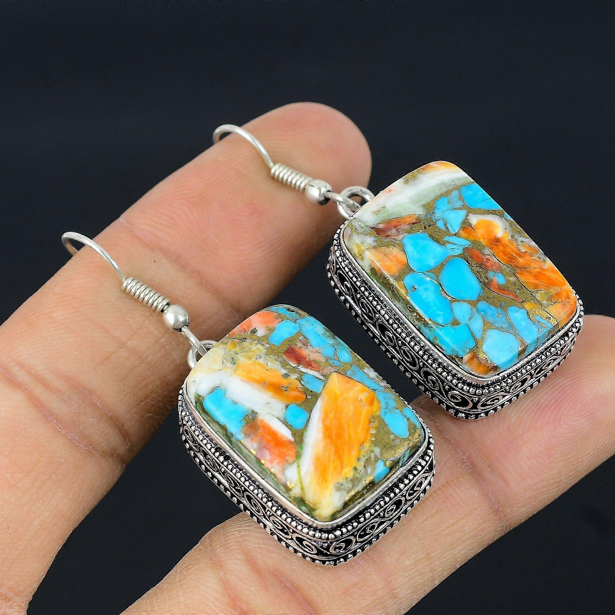 Natural Spiny Oyster Gemstone Handmade 925 Sterling Silver Earring 2" p1b02