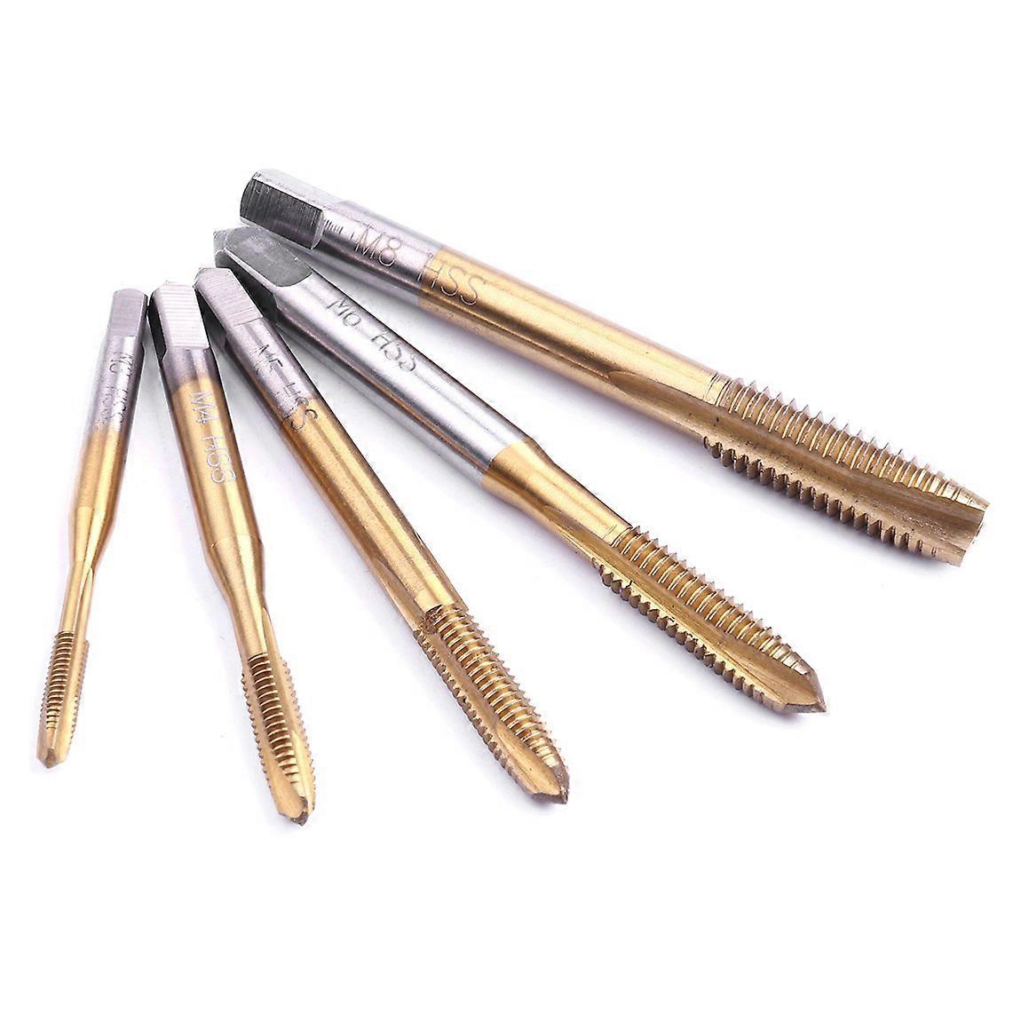1 Set of 5 Pcs HSS-6542 Titanium Coated Metric Right Hand Spiral Taps M3-M8 for Metalworking and Drilling
