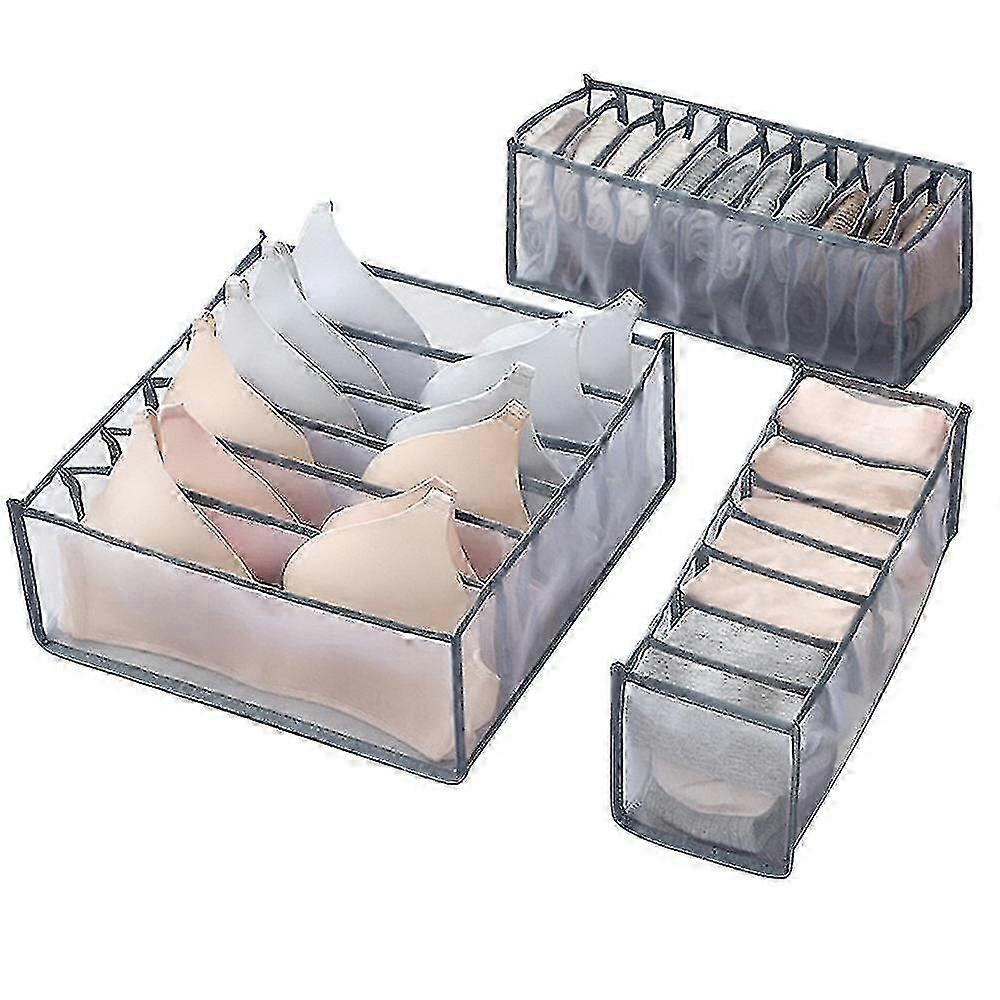 Underwear & Bra Storage Box Organizer - 3-Piece Set for Drawer or Closet, Space Saving (Gray)