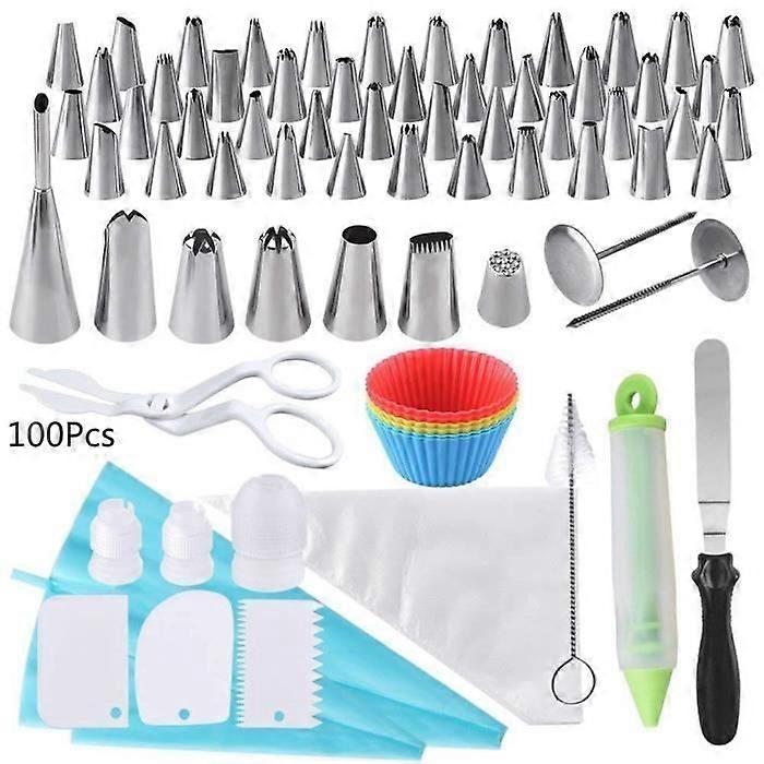 100 Pieces Piping Bags Reusable Stainless Steel Nozzles Silicone Cupcake Cases for Decorating