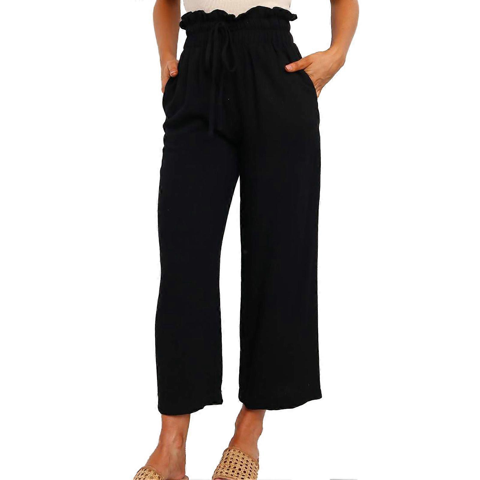 Women Linen Pants Drawstring High Waisted Casual Loose Fit Wide Leg Trousers for Summer Black M
