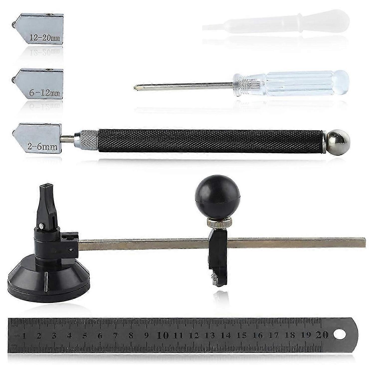 7 PCS Glass Cutter Tool Set Includes Adjustable Circular Glass Cutter with Round Knob Handle and Suction Cup