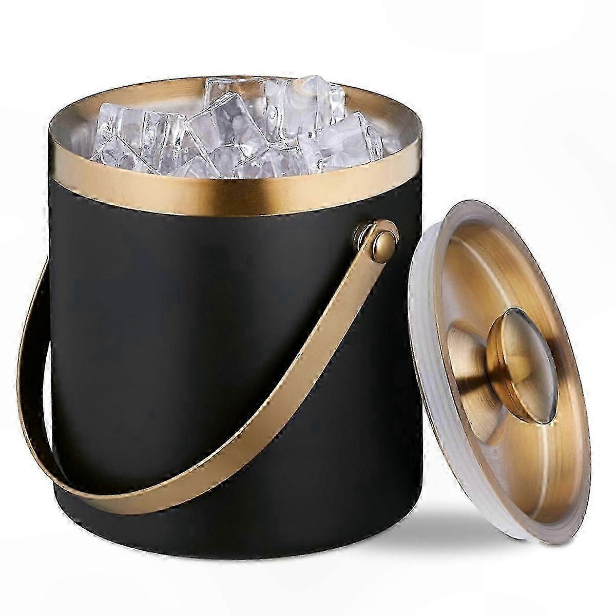 Double-Walled Insulated Ice Cube Bucket with Lid and Handles, 2 Liter Capacity, Durable Stainless Steel Construction