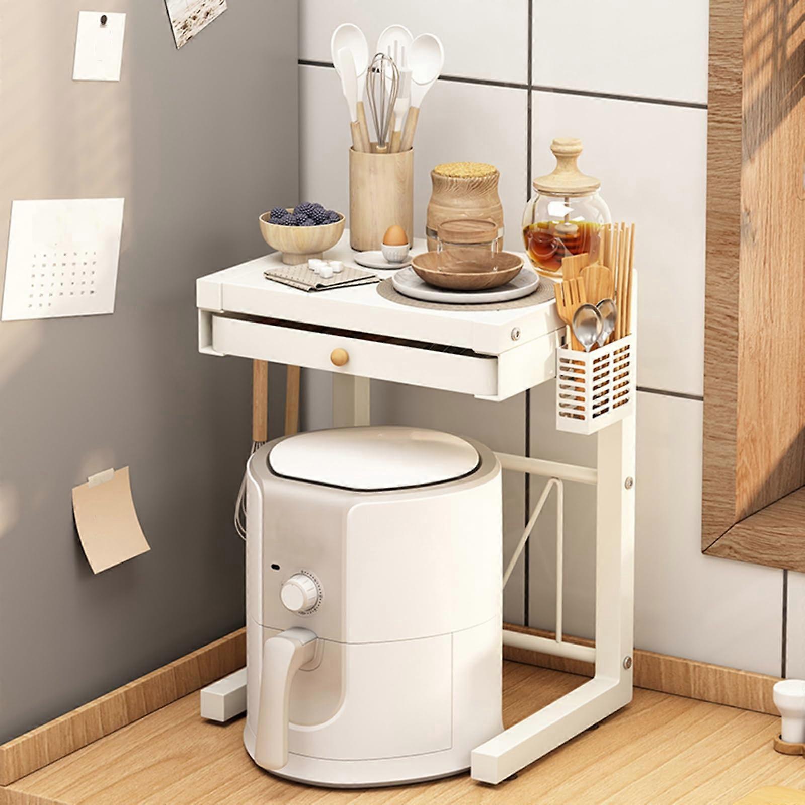 Metal Kitchen Baker's Rack Drawer Over Microwave Storage Shelf With Silicone Box And Hooks White Countertop Organizer