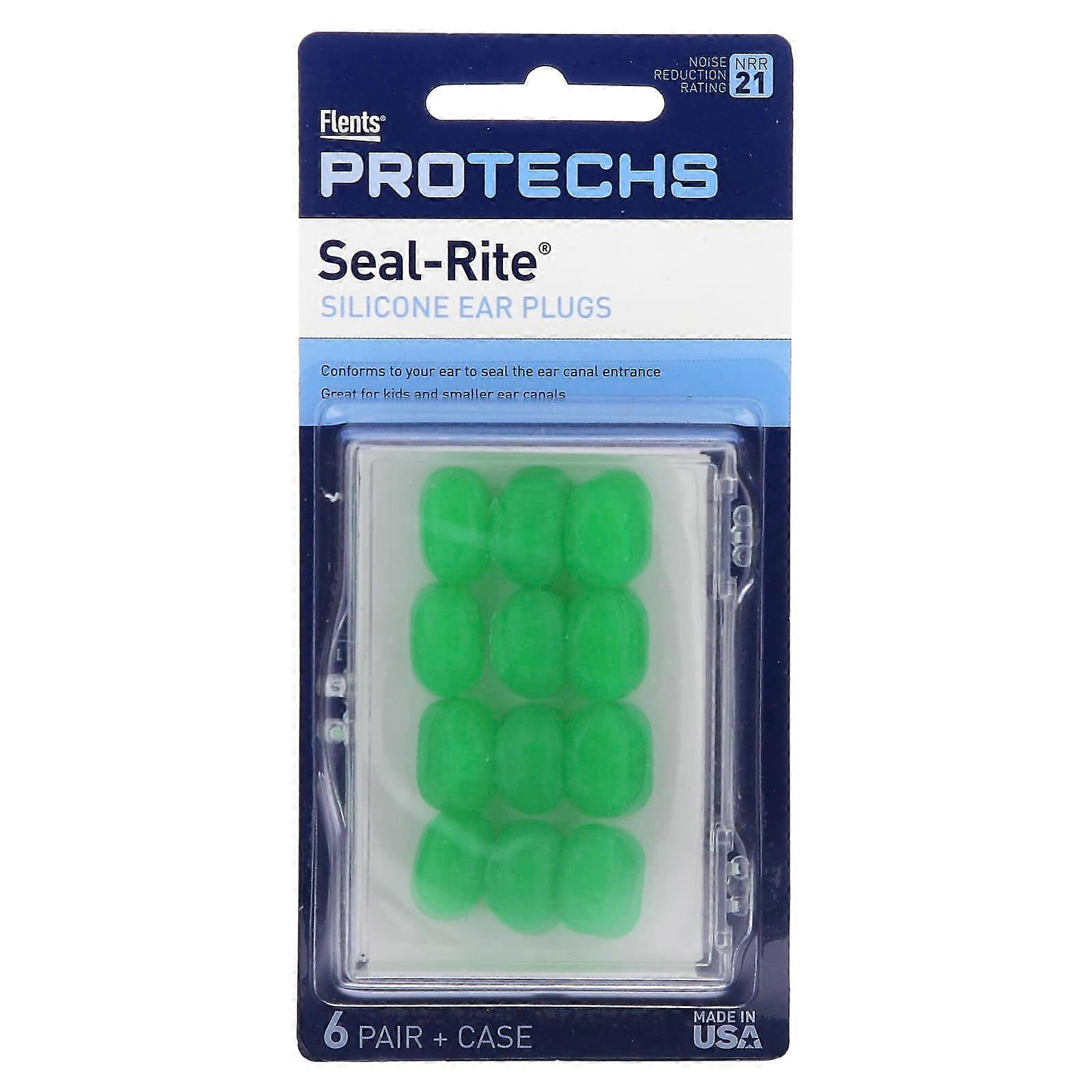 Pro-Techs, Seal-Rite, Silicone Ear Plugs, Green, 6 Pair & Case
