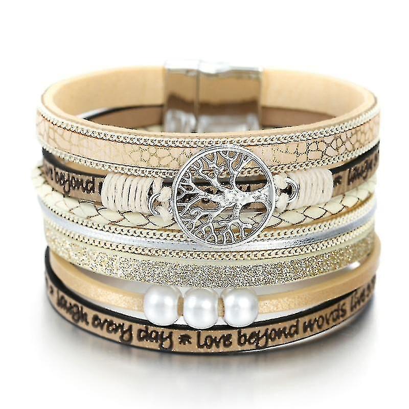 ブレスレットツリーオブライフチャームパールレザーブレスレットカーキ