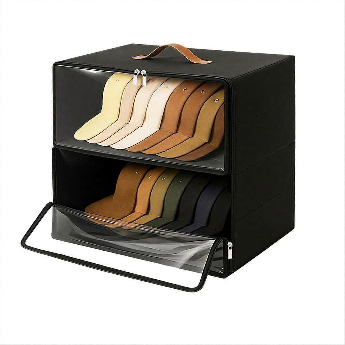 2 Pack Front-Opening Hat Organizer for Baseball Caps, Stackable Rigid Hat Storage Box with Clear Wi