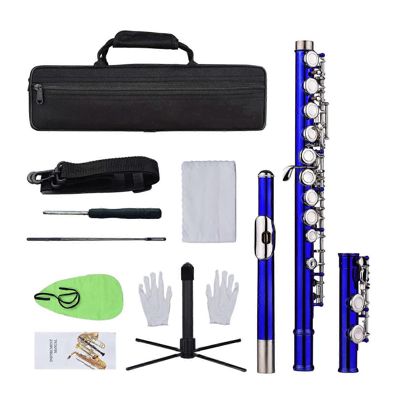 Closed Hole C Flute 16 Keys Cupronickel Nickel-plated Wind Instrument with Carry Case Flute Stand Gl