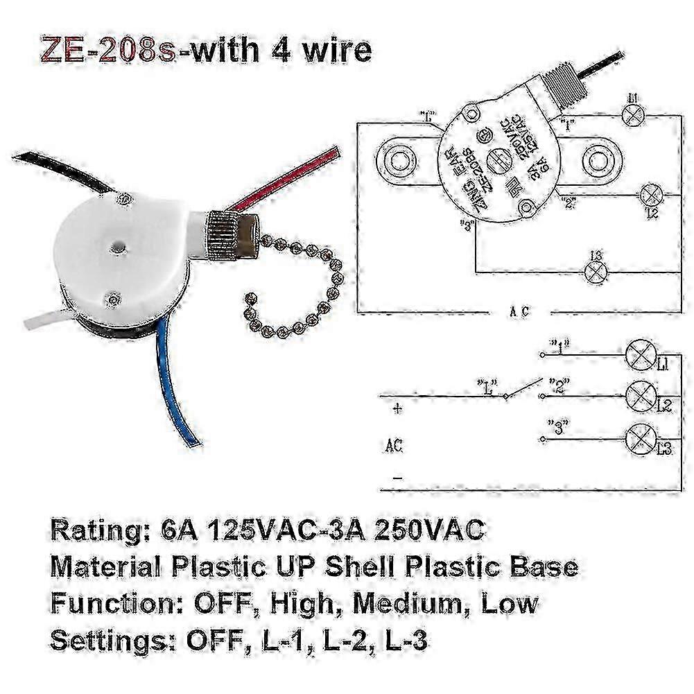 Ceiling Fan Switch Zing Ear Ze-208s E89885 3 Speed 4 Wire Chain C