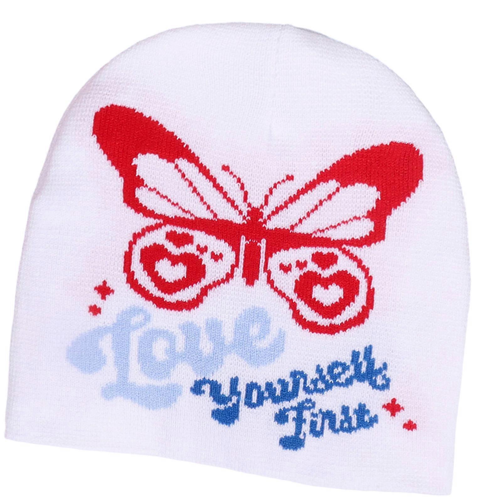 Butterfly Knitted Cap 2000s Nostalgia Design Soft Breathable Comfortable Headwear For Student And Hiphop Dance Event  White and red