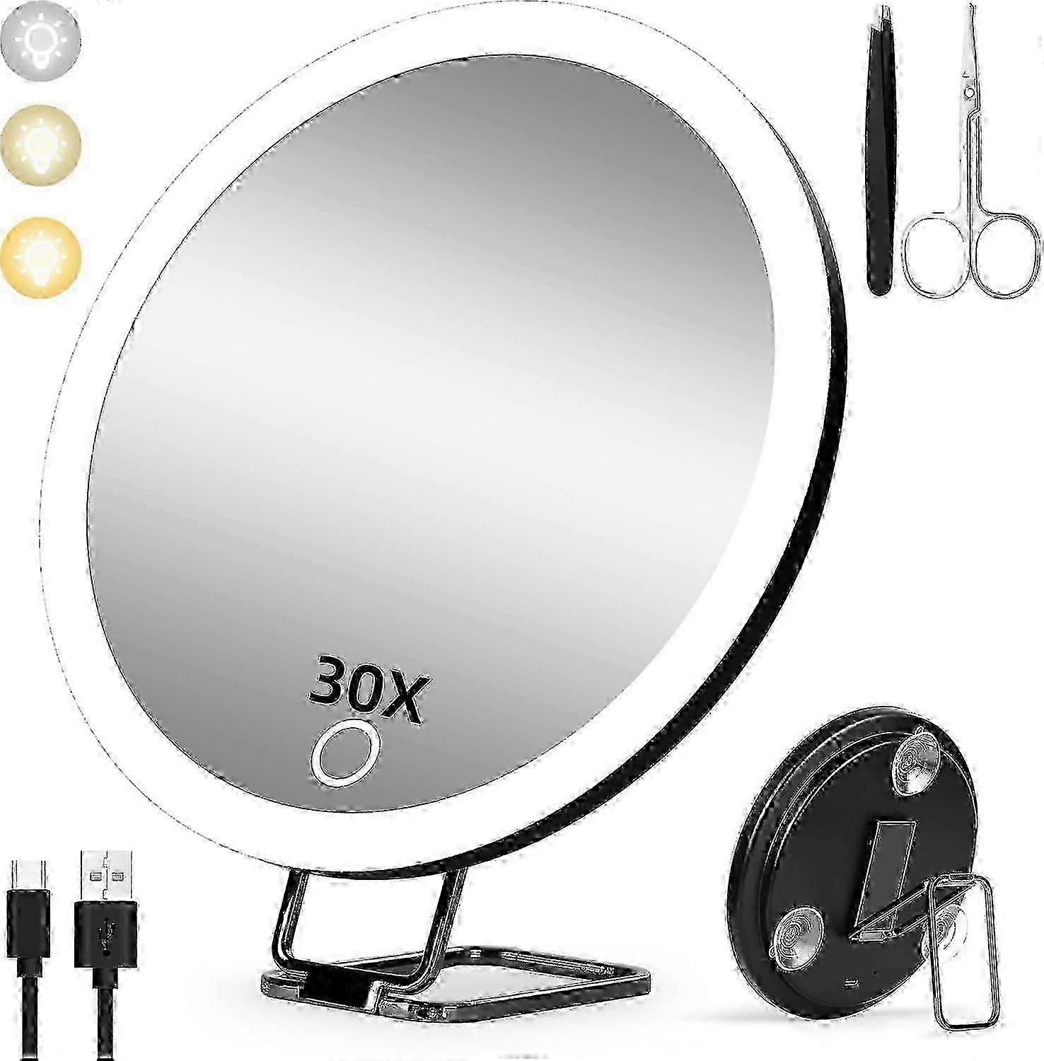 Miroir grossissant 30X avec lumière, 15 cm 3 modes de couleur de gradation, avec 3 ventouses et support de table 360