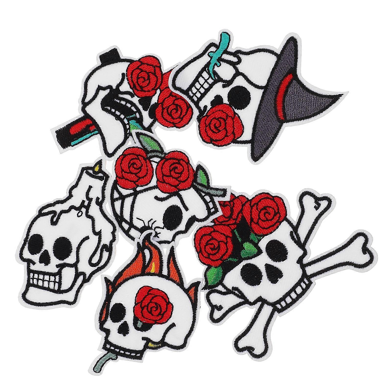 Skeleton Embroidered Patch for Clothes 6Pcs Iron-on Skull and Rose Decoration