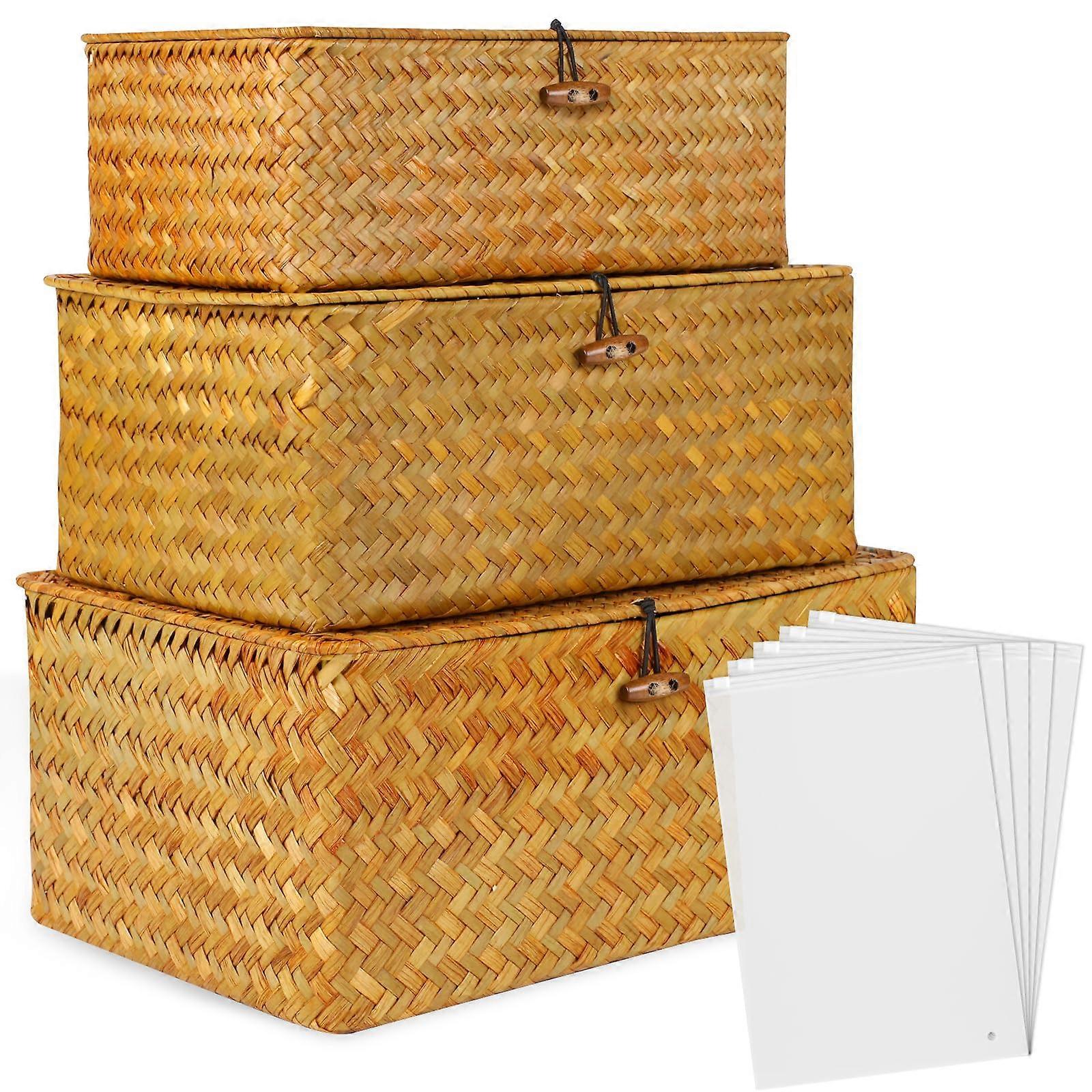 Seagrass Storage Baskets with Lids, Handwoven Wicker Bin Set for Closet and Shelf Organization, 3pcs
