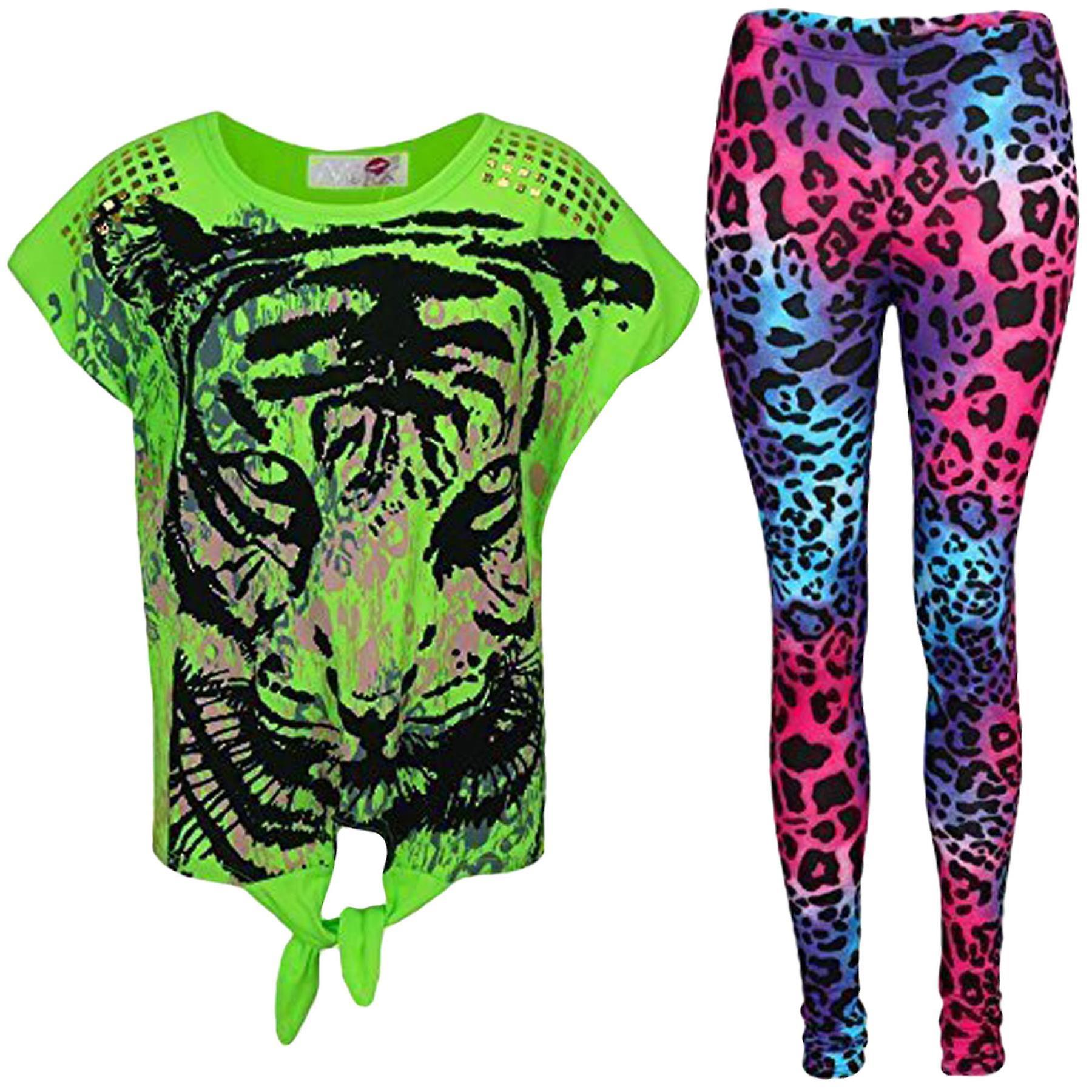 Girls Tiger Face Print Top & Multi Leopard Legging Set