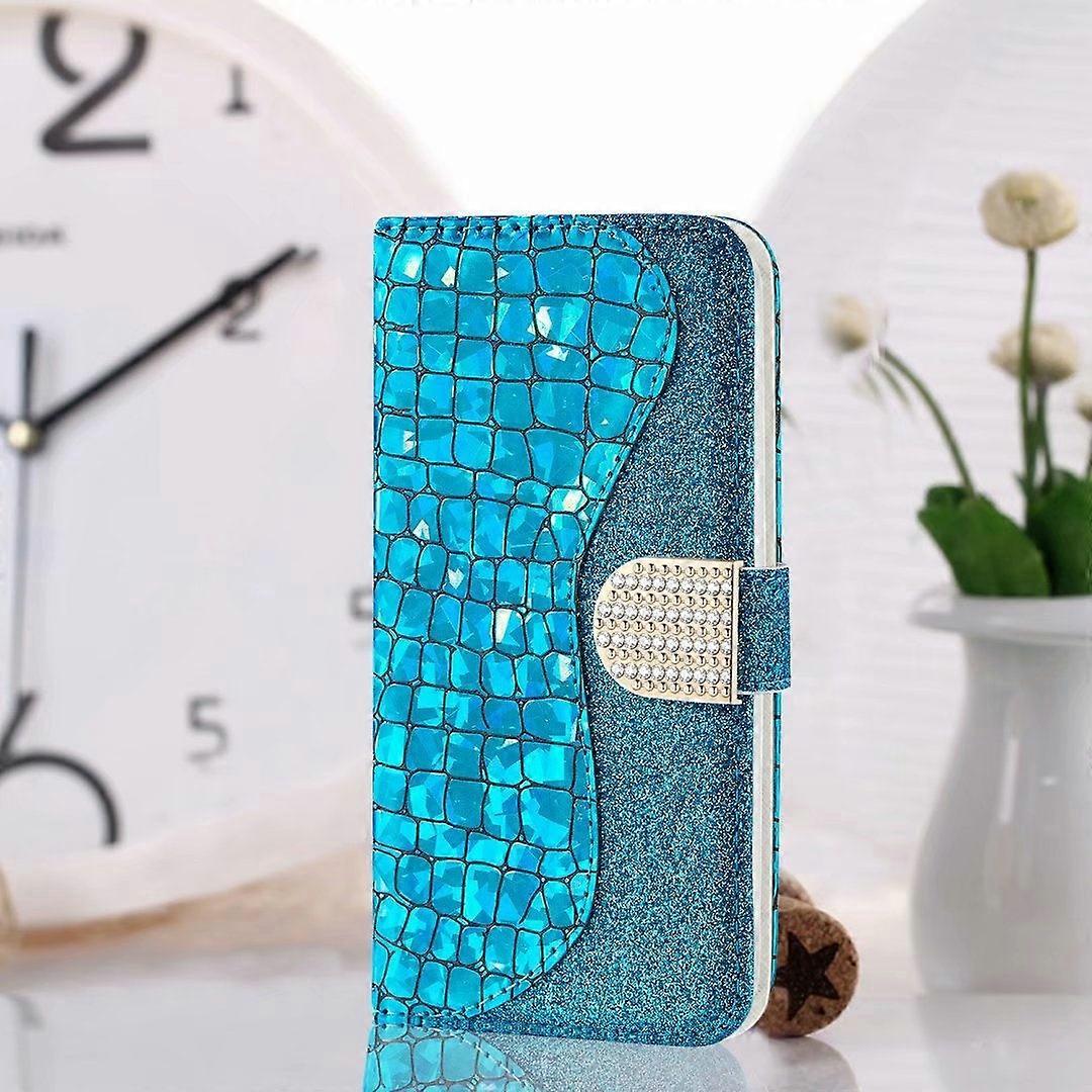 Case For Iphone 13 Pro Blue Laser Glitter Crocodile Pattern Patchwork Leather Card Slot Wallet No11020
